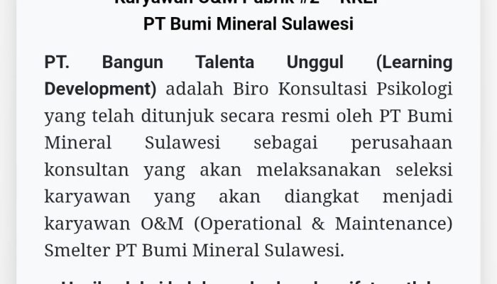PT BMS Siapkan Tes Tahap Kedua untuk Calon Karyawan Pabrik RKEF
