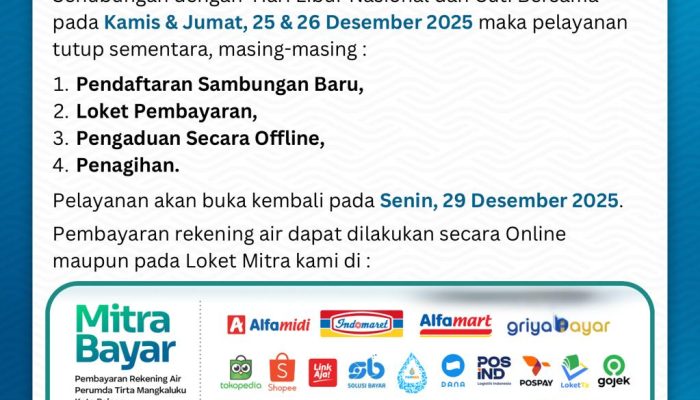 Libur Natal, Perumda Tirta Mangkaluku Tutup Layanan Kantor Dua Hari