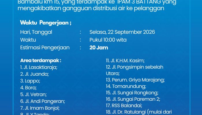 Perumda TM Palopo Tangani Pipa Air Baku, Distribusi di 18 Wilayah Terganggu hingga 20 Jam