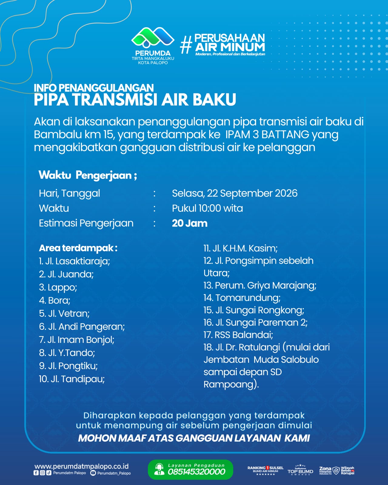 Perumda TM Palopo Tangani Pipa Air Baku, Distribusi di 18 Wilayah Terganggu hingga 20 Jam